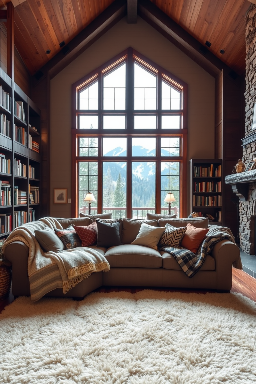 Cozy blankets and cushions are scattered across a large, inviting sofa in a rustic mountain home library. The walls are lined with dark wooden shelves filled with books, and a stone fireplace adds warmth to the space. Large windows allow natural light to flood in, showcasing the stunning mountain views outside. A plush area rug anchors the seating area, creating a perfect spot for reading and relaxation.