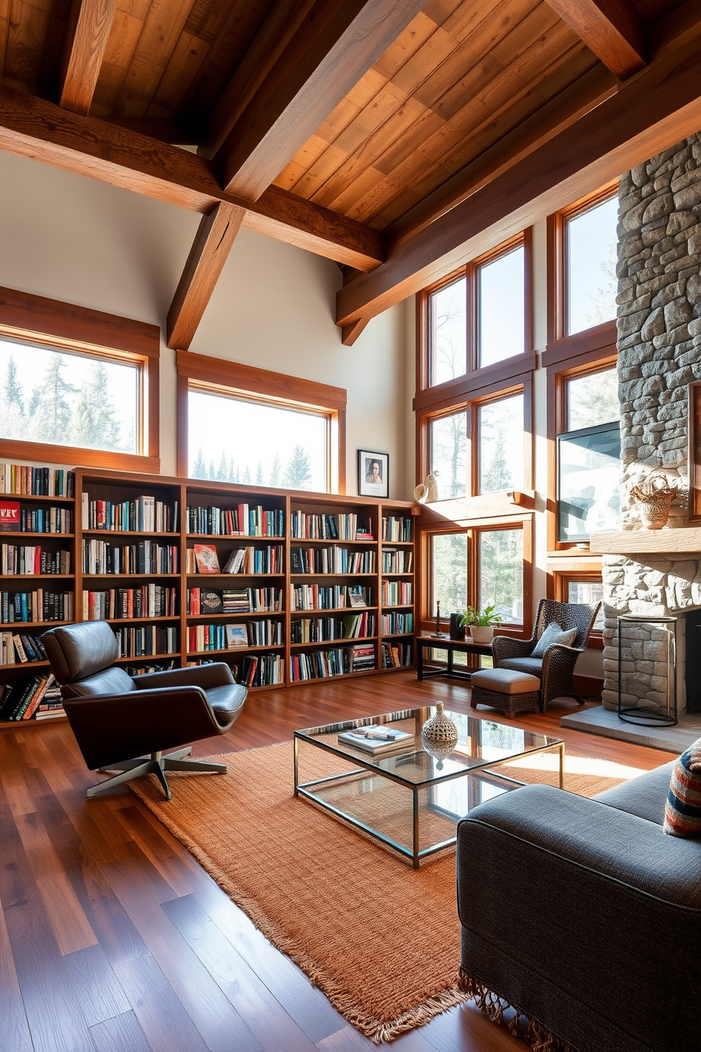 A cozy mountain home library featuring a blend of modern and rustic decor. The space includes a large wooden bookshelf filled with books, complemented by a sleek leather armchair and a glass coffee table. Natural light streams in through large windows, highlighting the exposed wooden beams on the ceiling. A warm area rug lies on the hardwood floor, and a stone fireplace adds a touch of rustic charm to the room.