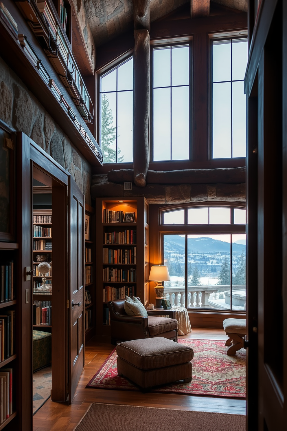 Hidden doorways leading to secret spaces create an air of mystery and intrigue in a mountain home library. Imagine a cozy reading nook tucked behind a bookshelf, with plush seating and soft lighting that invites relaxation. The library features natural wood beams and stone accents, blending seamlessly with the surrounding mountain landscape. Large windows allow for ample natural light, showcasing a stunning view of the outdoors while providing a serene atmosphere for reading and reflection.