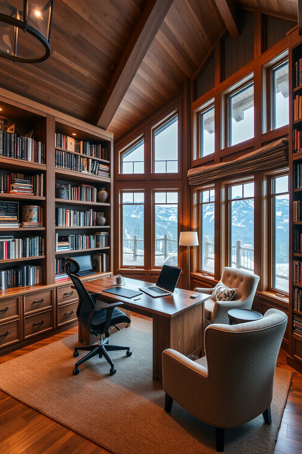 A cozy mountain home library designed for both work and play. The space features a large wooden desk with a comfortable ergonomic chair, surrounded by floor-to-ceiling bookshelves filled with an array of books and decorative items. In one corner, a plush reading nook with a soft armchair and a small side table invites relaxation. Large windows offer stunning views of the surrounding mountains, while warm lighting creates an inviting atmosphere for productivity and leisure.