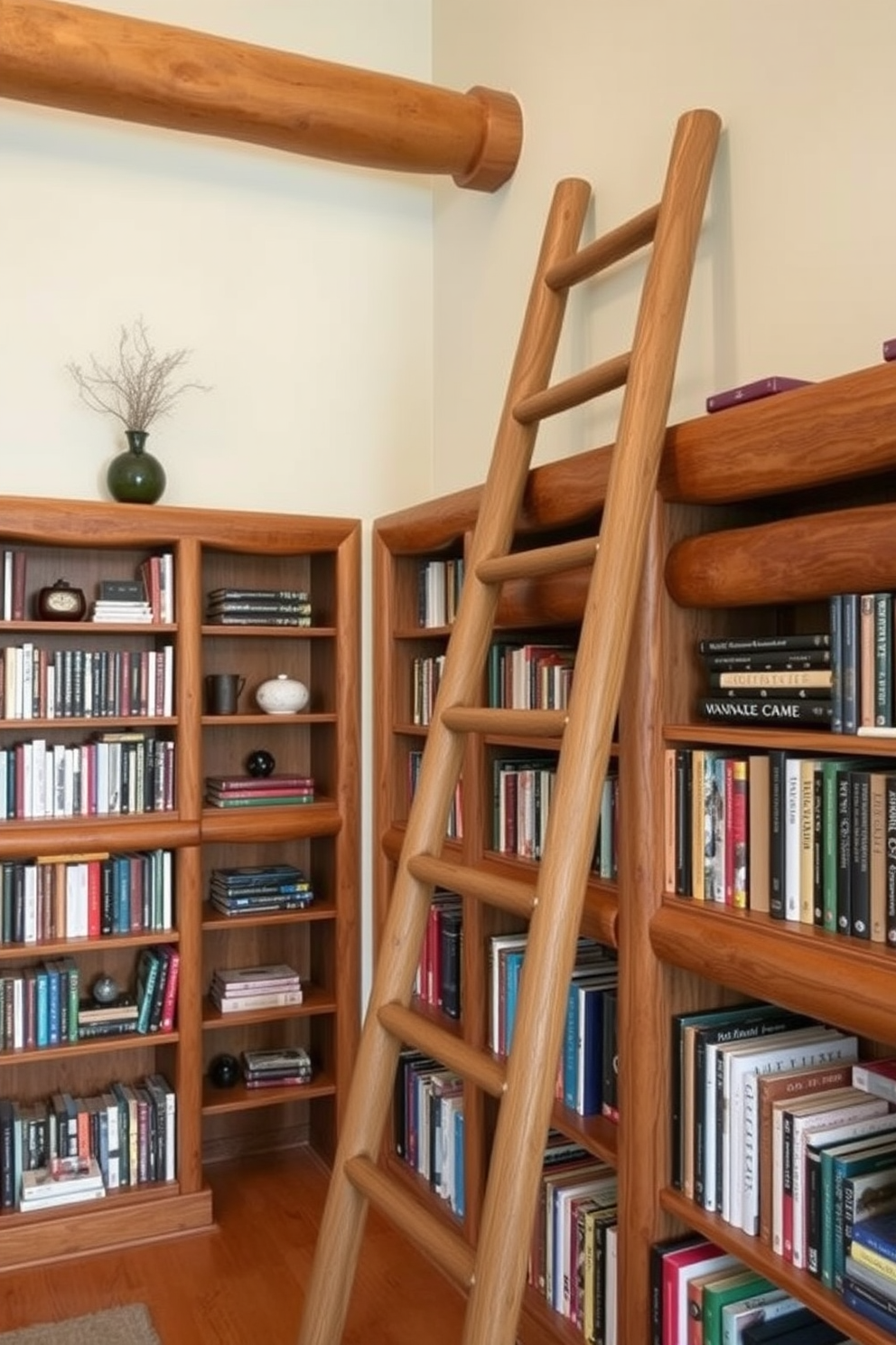 Rustic wooden shelves line the walls of a cozy mountain home library, showcasing an array of books and decorative items. A sturdy wooden ladder leans against the shelves, providing access to the higher levels while adding a charming touch to the space.