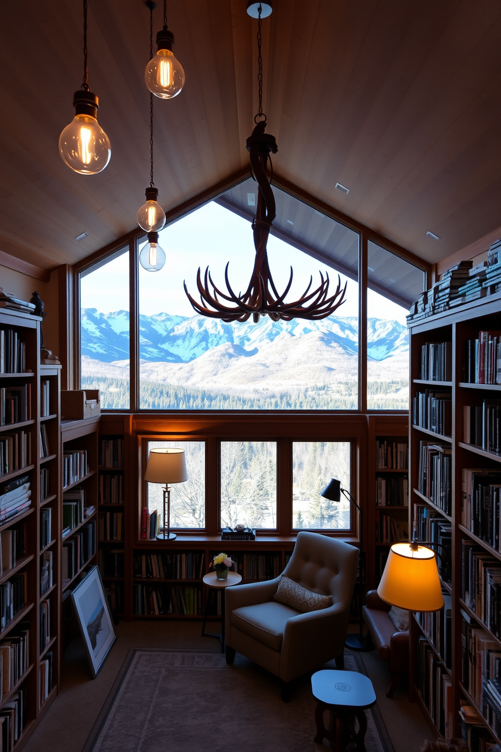 A cozy mountain home library featuring unique lighting fixtures that create a warm and inviting ambiance. The room is adorned with wooden bookshelves filled with an eclectic collection of books, and a large window offers stunning views of the surrounding mountains. Soft pendant lights hang from the ceiling, casting a gentle glow over a plush reading nook with a comfortable armchair and a small side table. A rustic chandelier made of antlers adds a touch of charm, while strategically placed floor lamps provide additional lighting for late-night reading sessions.