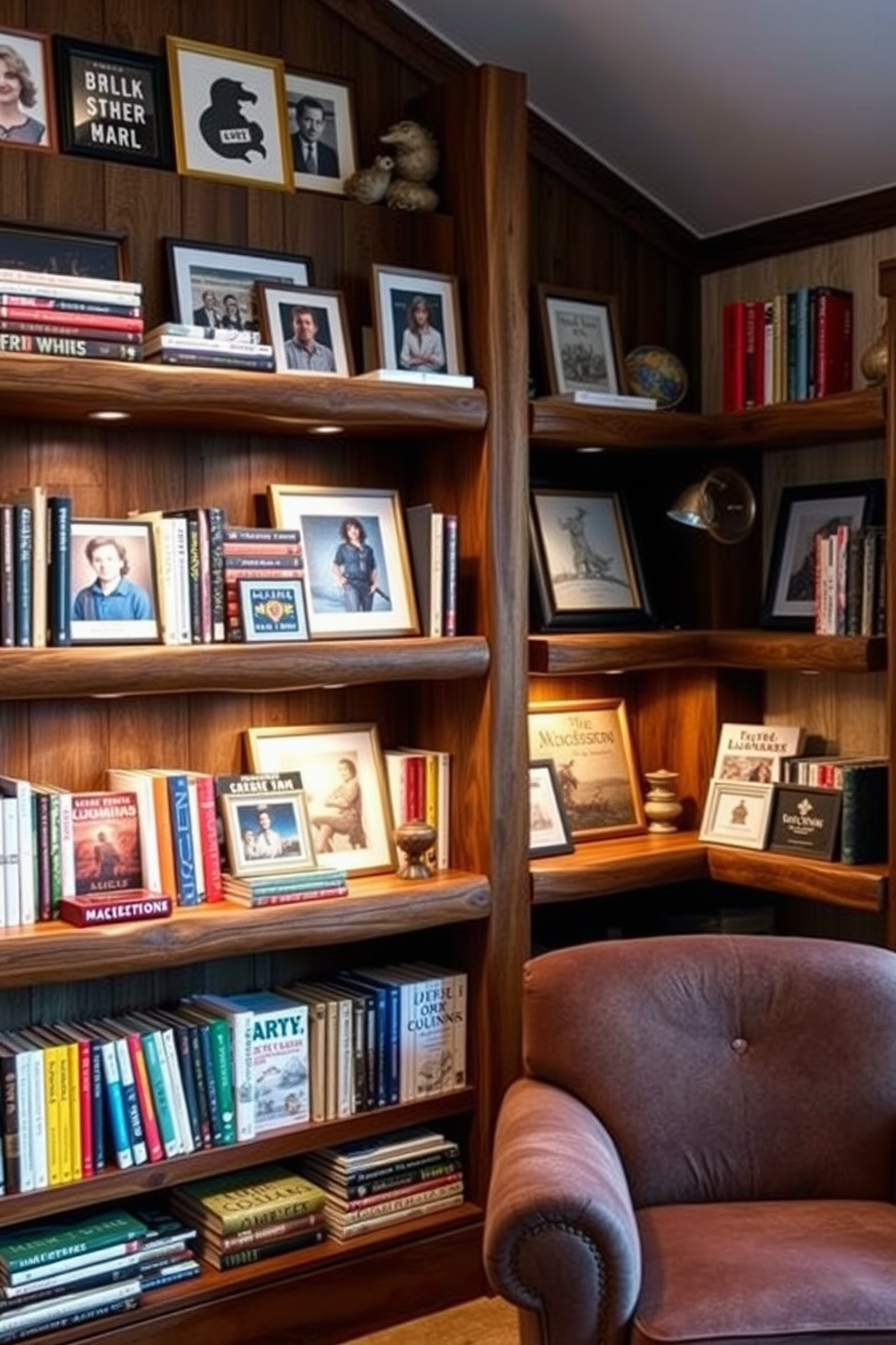 A cozy mountain home library features personalized book displays on rustic wooden shelves. The shelves are filled with a curated selection of books, framed photographs, and unique decorative items that reflect the owner's personality. Soft lighting illuminates the space, creating a warm and inviting atmosphere. A plush armchair sits in the corner, inviting readers to relax and enjoy their favorite titles.