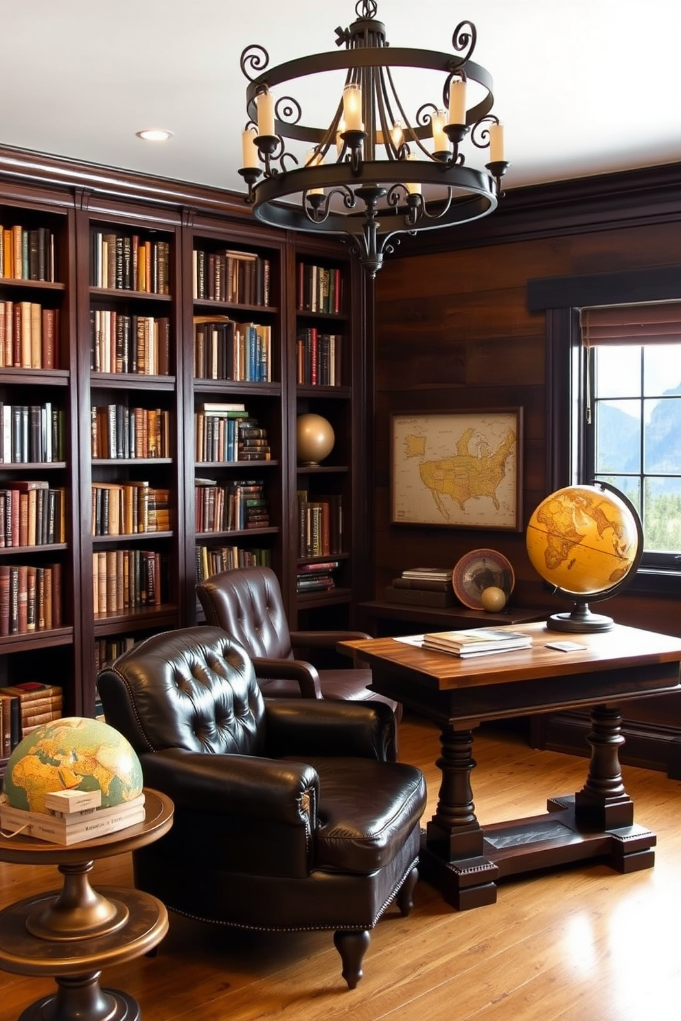 A cozy mountain home library featuring vintage globes and maps as decor. The walls are lined with dark wooden bookshelves filled with books, and a large globe sits on a side table next to a plush leather armchair. A rustic wooden desk faces a window with a view of the mountains, adorned with a vintage map as wall art. Soft lighting from a wrought iron chandelier creates a warm and inviting atmosphere, perfect for reading and relaxation.