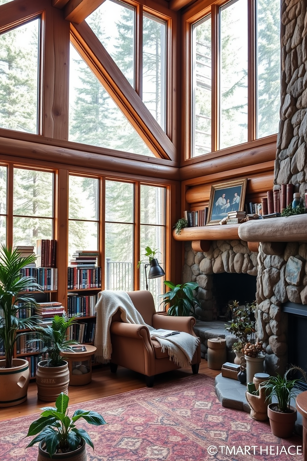 A cozy mountain home library filled with natural elements. The walls are lined with wooden shelves that hold an array of books, and large windows allow sunlight to stream in, showcasing the surrounding trees. A comfortable reading nook features a plush armchair with a soft throw blanket, placed beside a stone fireplace. Potted plants are arranged throughout the space, adding a touch of greenery and life to the rustic atmosphere.