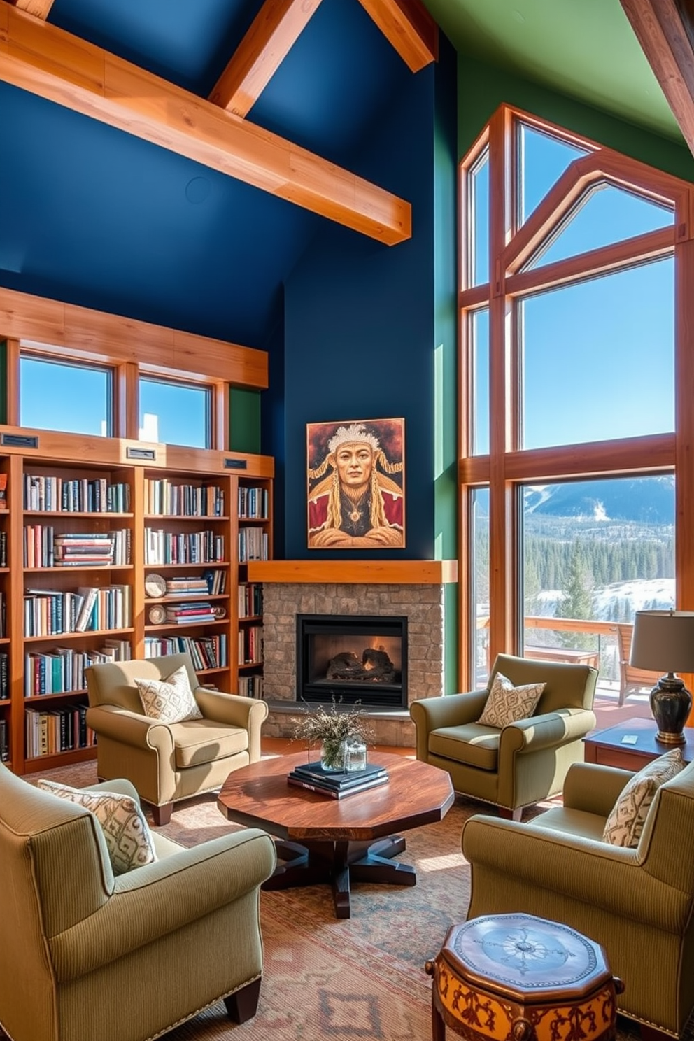 Colorful accent walls create a vibrant atmosphere in a mountain home library. The walls feature bold hues like deep blue and rich green, complementing the wooden bookshelves filled with an array of books. Cozy seating areas with plush armchairs and a rustic coffee table invite relaxation and reading. Large windows frame breathtaking mountain views, allowing natural light to flood the space and enhance the colorful accents.