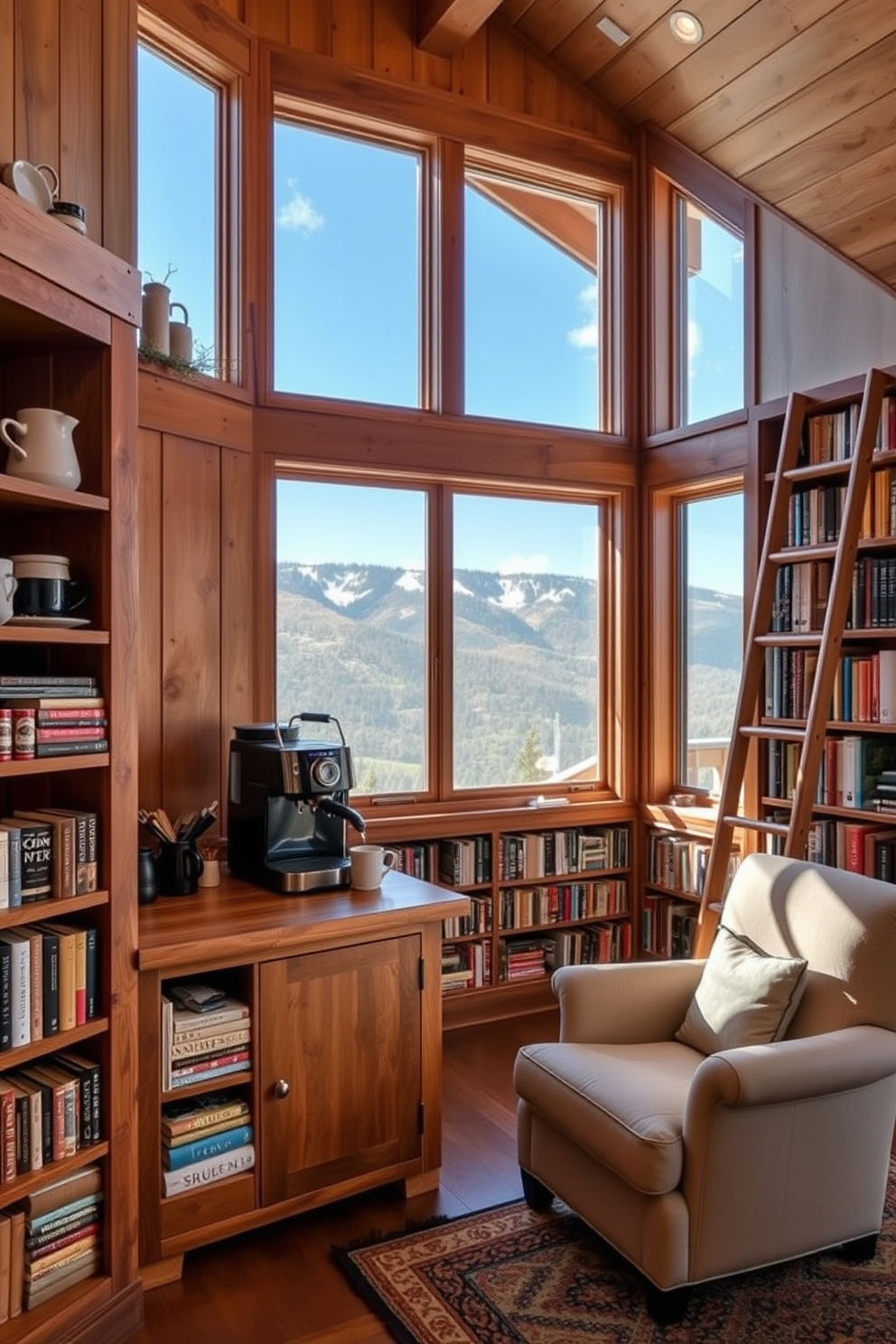 A cozy small coffee station nestled in a corner of a mountain home. The station features a rustic wooden countertop with a built-in espresso machine, surrounded by shelves displaying various coffee mugs and a selection of coffee beans. The walls are adorned with warm wood paneling, creating an inviting atmosphere. A comfortable armchair sits nearby, inviting guests to relax with a book and their favorite beverage. A mountain home library designed with large windows offering stunning views of the surrounding landscape. The space includes floor-to-ceiling bookshelves filled with an eclectic collection of books and a plush reading nook with a soft area rug. Natural light floods the room, highlighting a wooden ladder for easy access to the upper shelves. A warm color palette of earth tones enhances the cozy and inviting feel of the library.