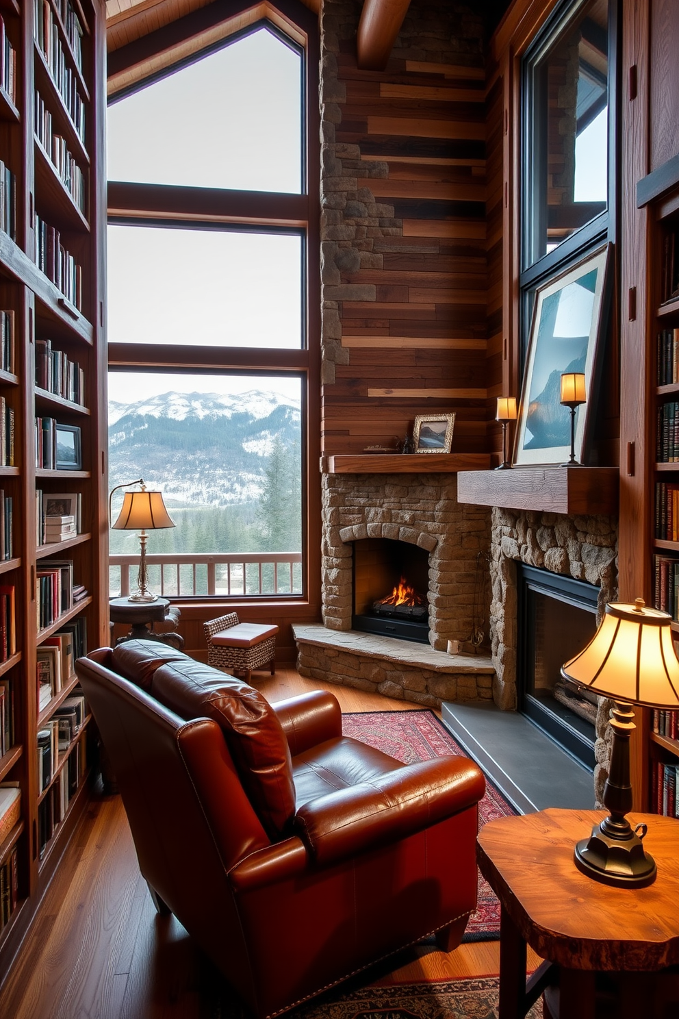 A cozy mountain home library featuring reclaimed wood bookshelves that stretch from floor to ceiling. The warm tones of the wood are complemented by a stone fireplace set against a rustic wood accent wall. A large leather armchair is placed near a window with stunning mountain views, inviting readers to relax with a good book. Soft, ambient lighting from vintage-style lamps enhances the inviting atmosphere of the space.