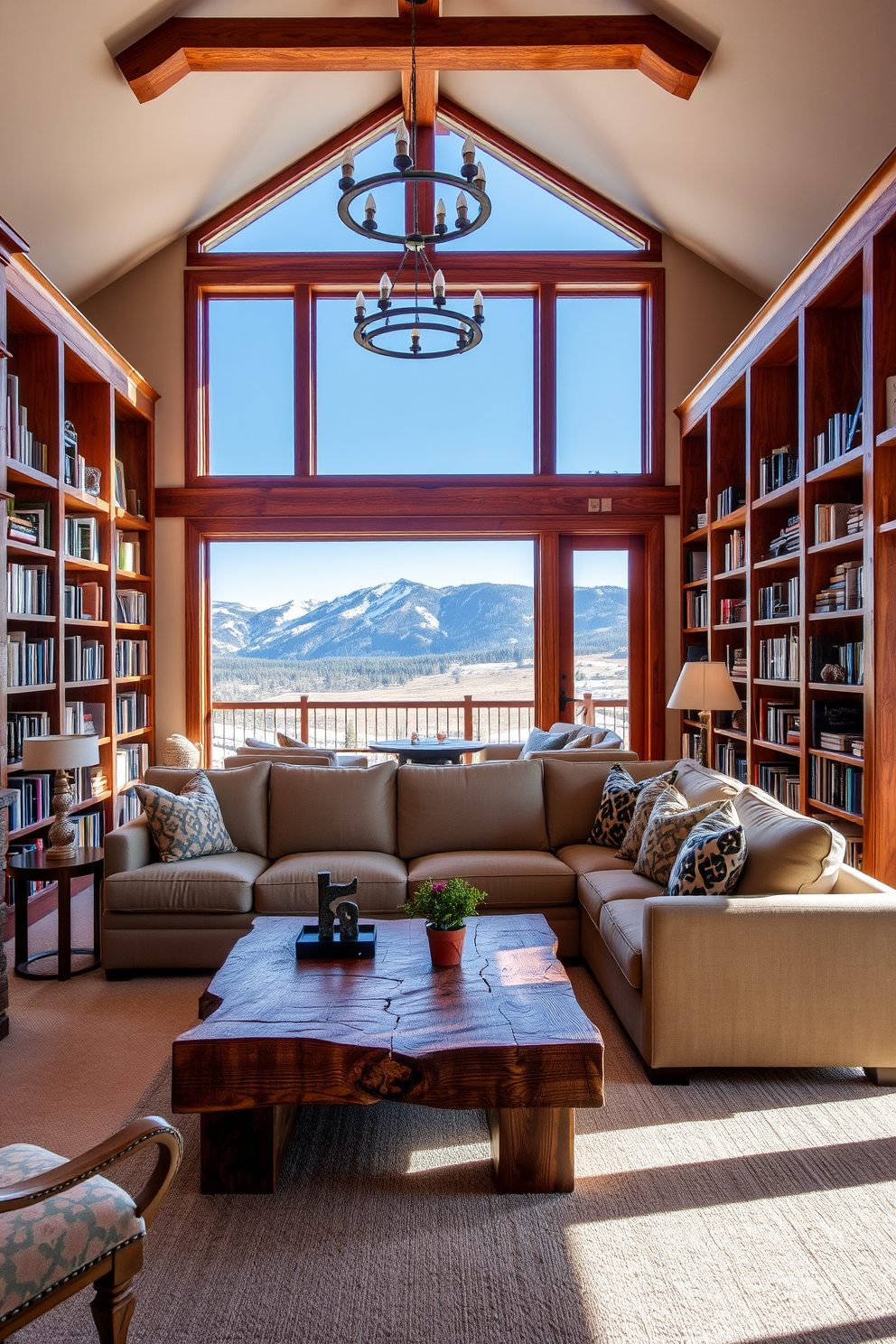 A cozy mountain home library with an open layout connecting to the living spaces. The room features large windows that allow natural light to flood in, showcasing stunning views of the surrounding mountains. Rich wooden bookshelves line the walls, filled with an array of books and decorative items. A plush sectional sofa is positioned in the center, accompanied by a rustic coffee table made from reclaimed wood.