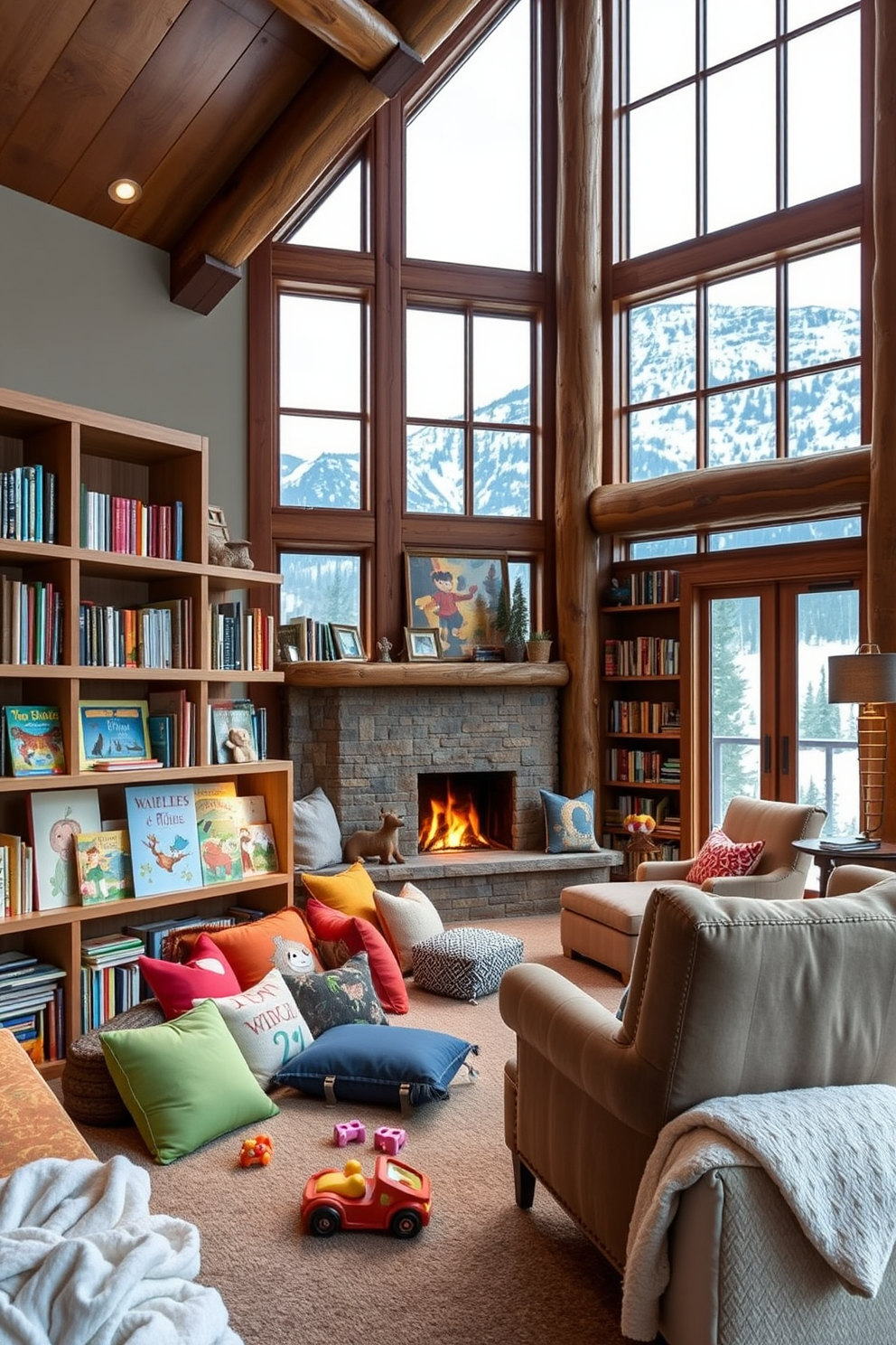 A cozy child-friendly reading corner filled with colorful cushions and soft blankets. A low bookshelf brimming with picture books and playful toys invites children to explore their imagination. A mountain home library designed with rustic wooden shelves and large windows showcasing breathtaking views. Plush armchairs and a warm fireplace create a welcoming atmosphere for reading and relaxation.