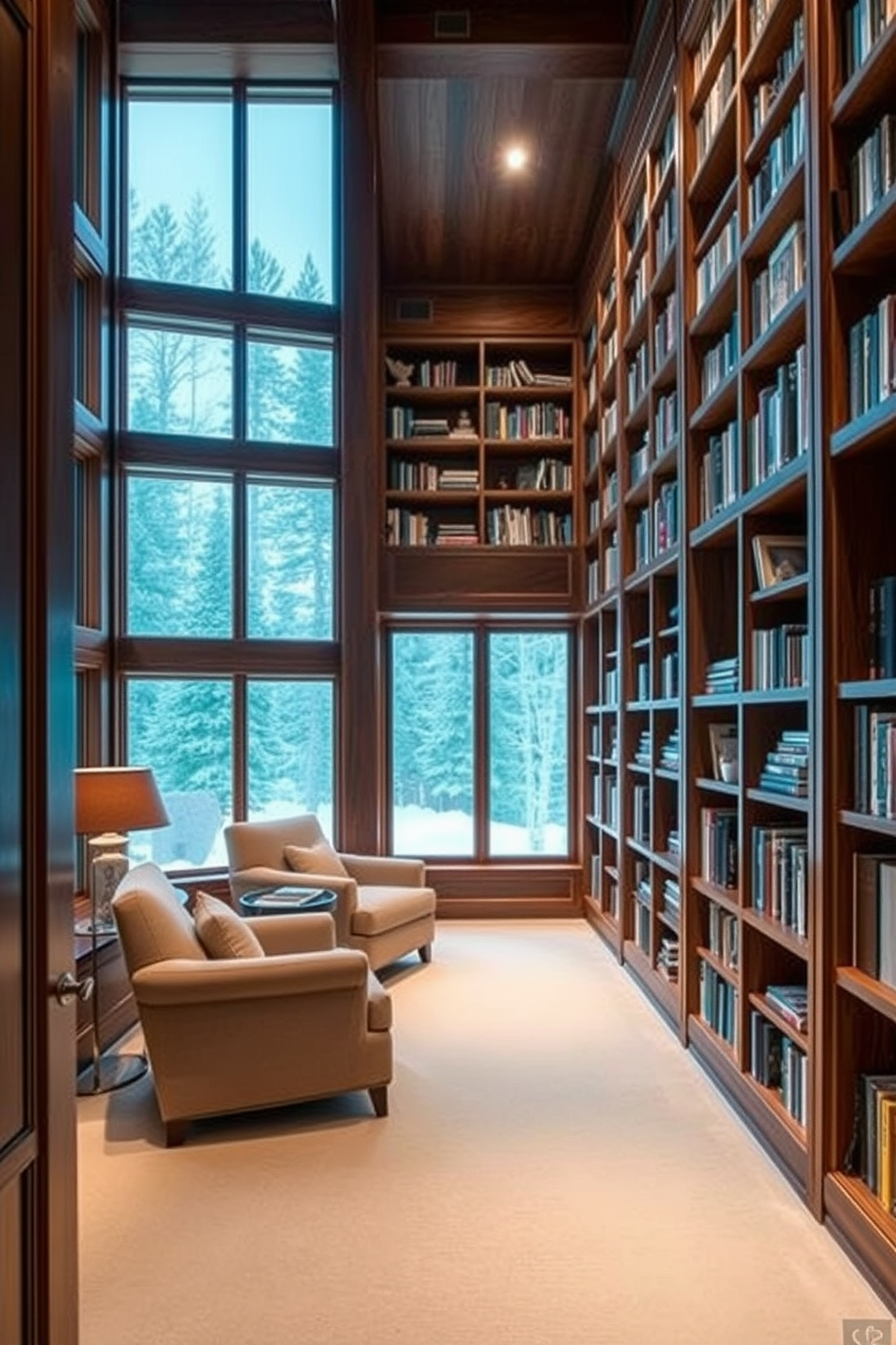 Custom cabinetry for organized storage. The library features floor-to-ceiling wooden shelves with a rich walnut finish, perfectly tailored to accommodate books and decorative items. Cozy reading nooks are integrated into the design, with plush armchairs and soft lighting creating inviting spaces. Large windows provide natural light, enhancing the warm ambiance of the mountain home library.