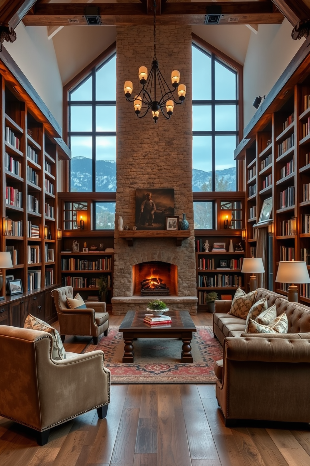 A large stone fireplace serves as the focal point of a cozy seating area in a mountain home library. Plush armchairs and a comfortable sofa are arranged around a rustic wooden coffee table, creating an inviting space for reading and relaxation. Bookshelves crafted from reclaimed wood line the walls, filled with an extensive collection of books and decorative items. Soft, warm lighting from elegant sconces and a chandelier enhances the ambiance, while large windows offer breathtaking views of the surrounding mountains.