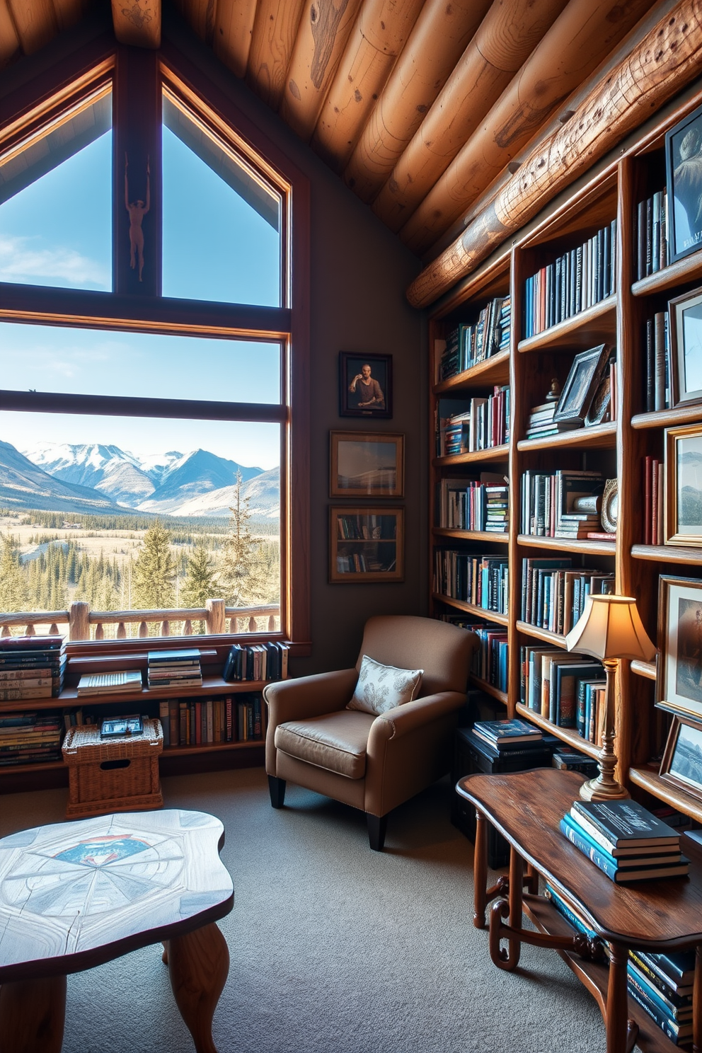 A cozy mountain home library with rustic wooden shelves filled with books and local art pieces displayed throughout the room. A large window offers a breathtaking view of the surrounding mountains, while a plush armchair and a handcrafted wooden table provide a perfect reading nook.