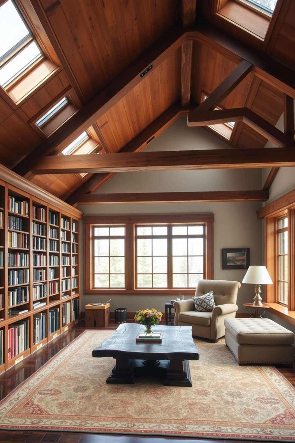 A cozy mountain home library bathed in natural light from skylights above. The wooden bookshelves line the walls, filled with an array of books, while a plush reading nook with a large armchair invites relaxation. Rustic beams stretch across the ceiling, enhancing the warm ambiance of the space. A large area rug anchors the seating area, complemented by a coffee table made from reclaimed wood.