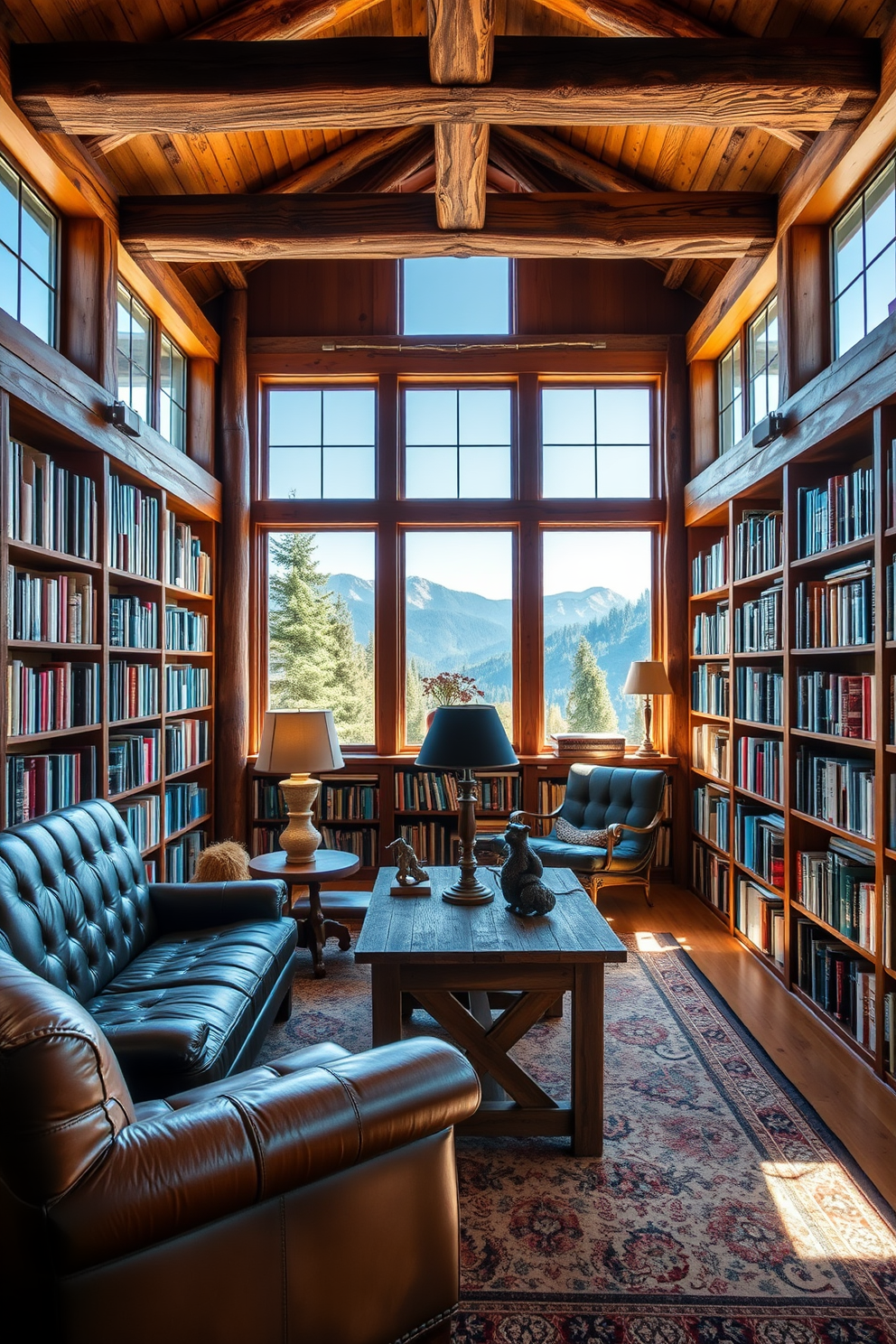 A cozy mountain home library with reclaimed wood beams creating a warm and inviting atmosphere. The walls are lined with floor-to-ceiling bookshelves filled with a diverse collection of books, and a large, comfortable leather armchair sits in the corner, perfect for reading. Natural light floods the space through large windows, offering breathtaking views of the surrounding mountains. A rustic wooden table in the center provides a workspace, adorned with a vintage lamp and a few decorative items that reflect the charm of the mountain setting.