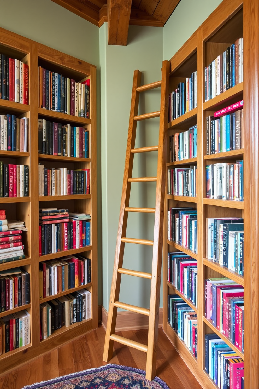 A cozy mountain home library featuring floor to ceiling bookshelves in the corners filled with an array of books. A large wooden ladder leans against the shelves, inviting exploration and discovery in this inviting reading space.