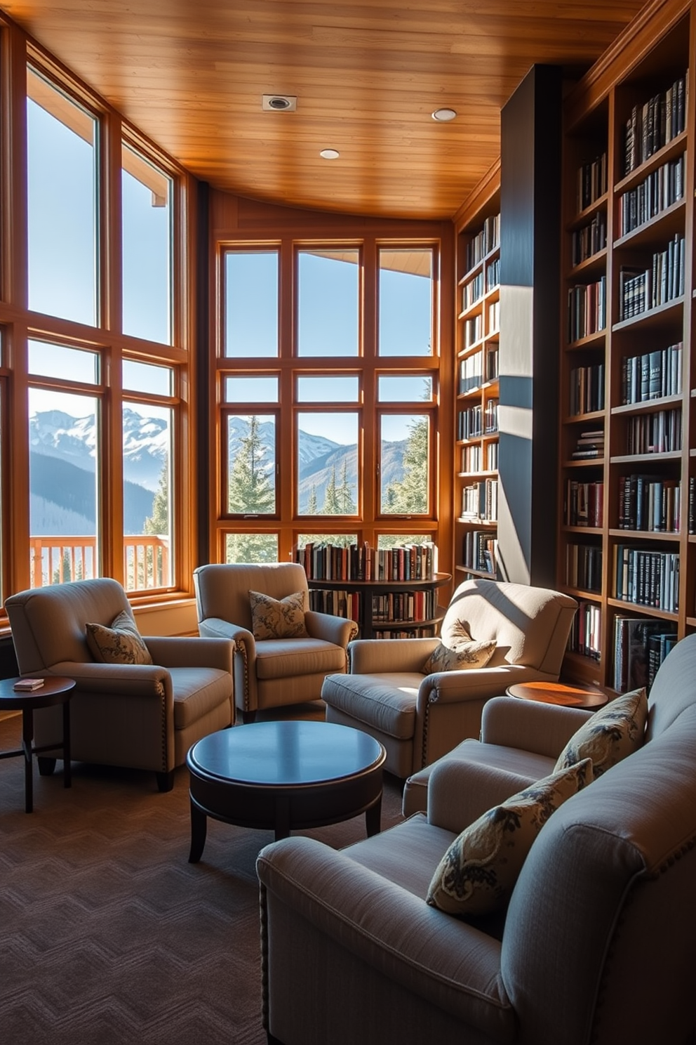 Plush armchairs are arranged in a cozy corner of a mountain home library, inviting relaxation and comfort. The warm wooden bookshelves are filled with an extensive collection of books, while large windows let in natural light and offer stunning views of the surrounding landscape.