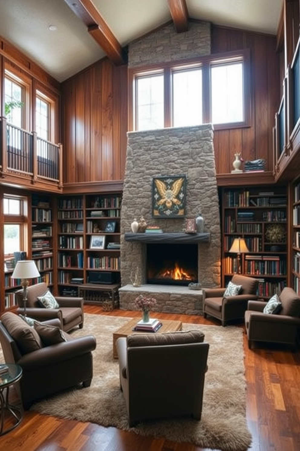 A cozy mountain home library featuring an earthy color palette with warm tones. The walls are adorned with rich wooden paneling, and a large stone fireplace serves as the focal point, surrounded by comfortable seating. Bookshelves line the walls, filled with an eclectic mix of books and decorative items. Soft, plush rugs cover the wooden floor, and large windows allow natural light to flood the space, highlighting the warm hues throughout.