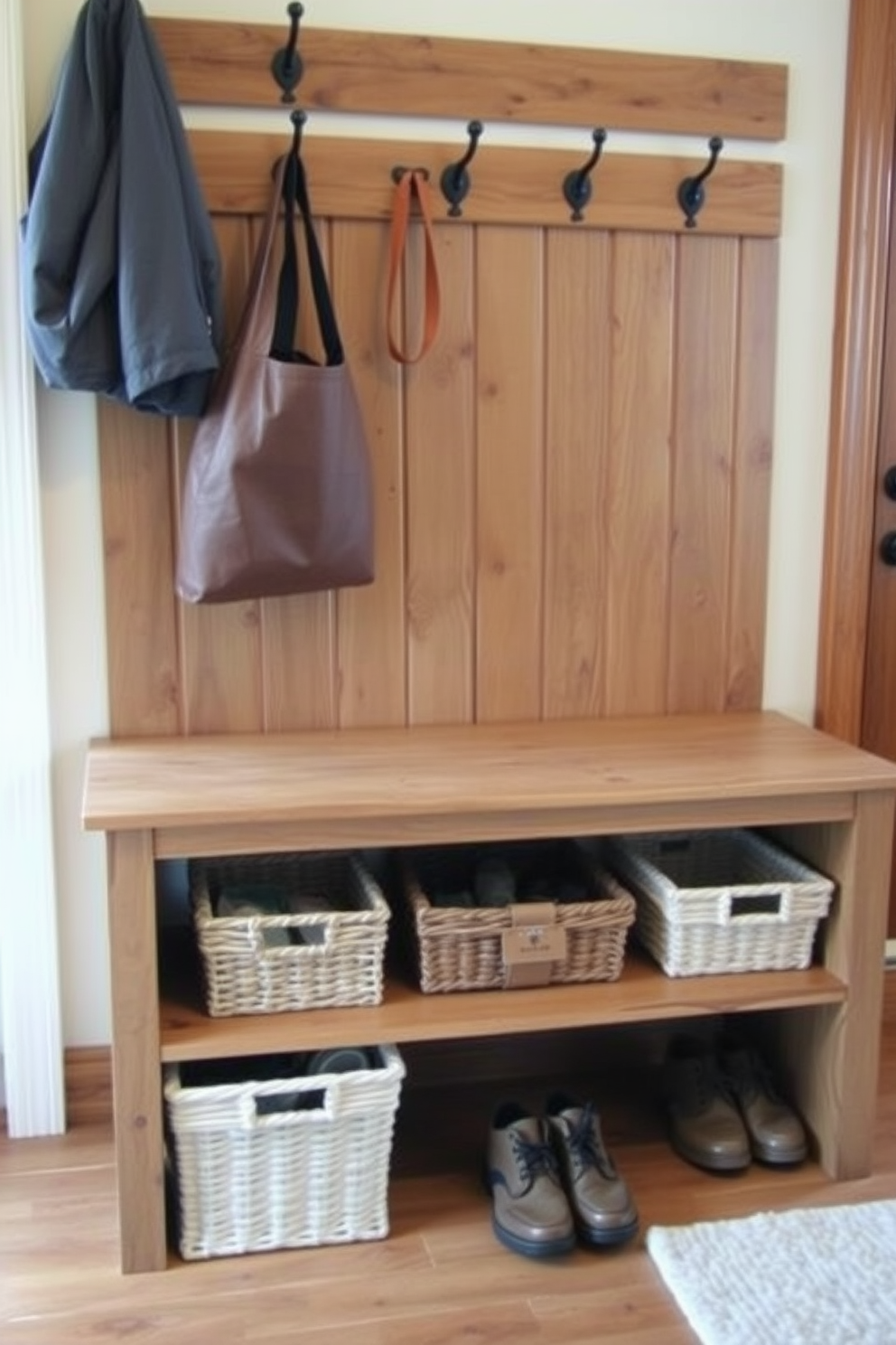 A rustic wood bench is positioned against the wall, featuring a natural finish that highlights the grain of the wood. Beneath the bench, neatly arranged storage baskets in various sizes provide practical organization for shoes and outdoor gear. The mudroom is designed with a welcoming atmosphere, incorporating warm tones and textured materials. Above the bench, hooks are mounted on the wall for hanging coats and bags, enhancing the functionality of the space.