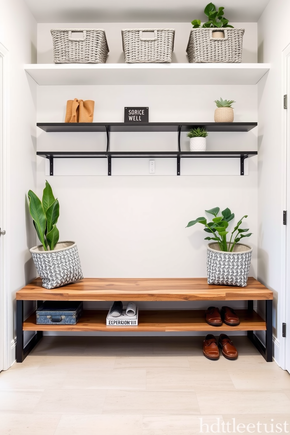 A modern mudroom featuring a floating bench made of reclaimed wood. Above the bench, sleek wall-mounted shelves are adorned with decorative storage baskets and potted plants.