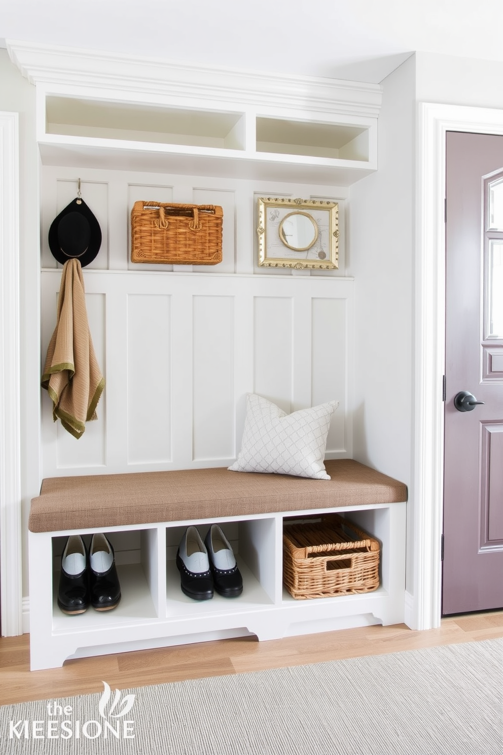 A stylish mudroom features a bench with built-in cubbies for organization. The bench is upholstered in a durable fabric, and the cubbies are neatly arranged with baskets for shoes and accessories.