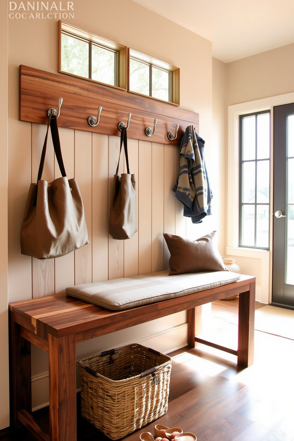 A functional mudroom features a stylish bench made of reclaimed wood with a cushioned seat for comfort. Above the bench, a series of hooks in a brushed nickel finish are mounted on the wall for hanging bags and coats. The space is enhanced by a large window that allows natural light to fill the room, highlighting the earthy tones of the decor. A woven basket sits beneath the bench for storing shoes, adding both practicality and texture to the design.