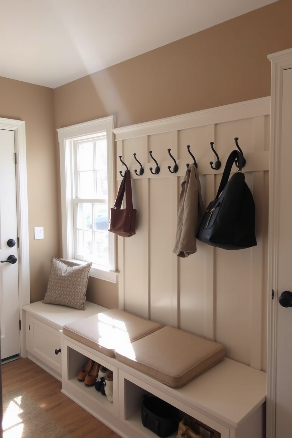 A cozy mudroom features a built-in bench with soft cushions for comfort. Above the bench, stylish coat hooks are arranged in a neat row, ready to hold jackets and bags. The walls are painted in a warm neutral tone, creating an inviting atmosphere. Natural light streams in through a nearby window, illuminating the space and highlighting decorative elements.