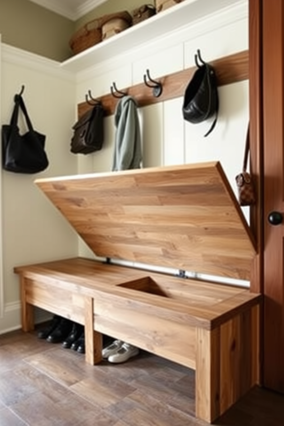 A stylish mudroom features a bench with a sliding top that opens to reveal ample storage space for shoes and outdoor gear. The bench is crafted from reclaimed wood, adding a rustic charm, while the walls are adorned with hooks for coats and bags.