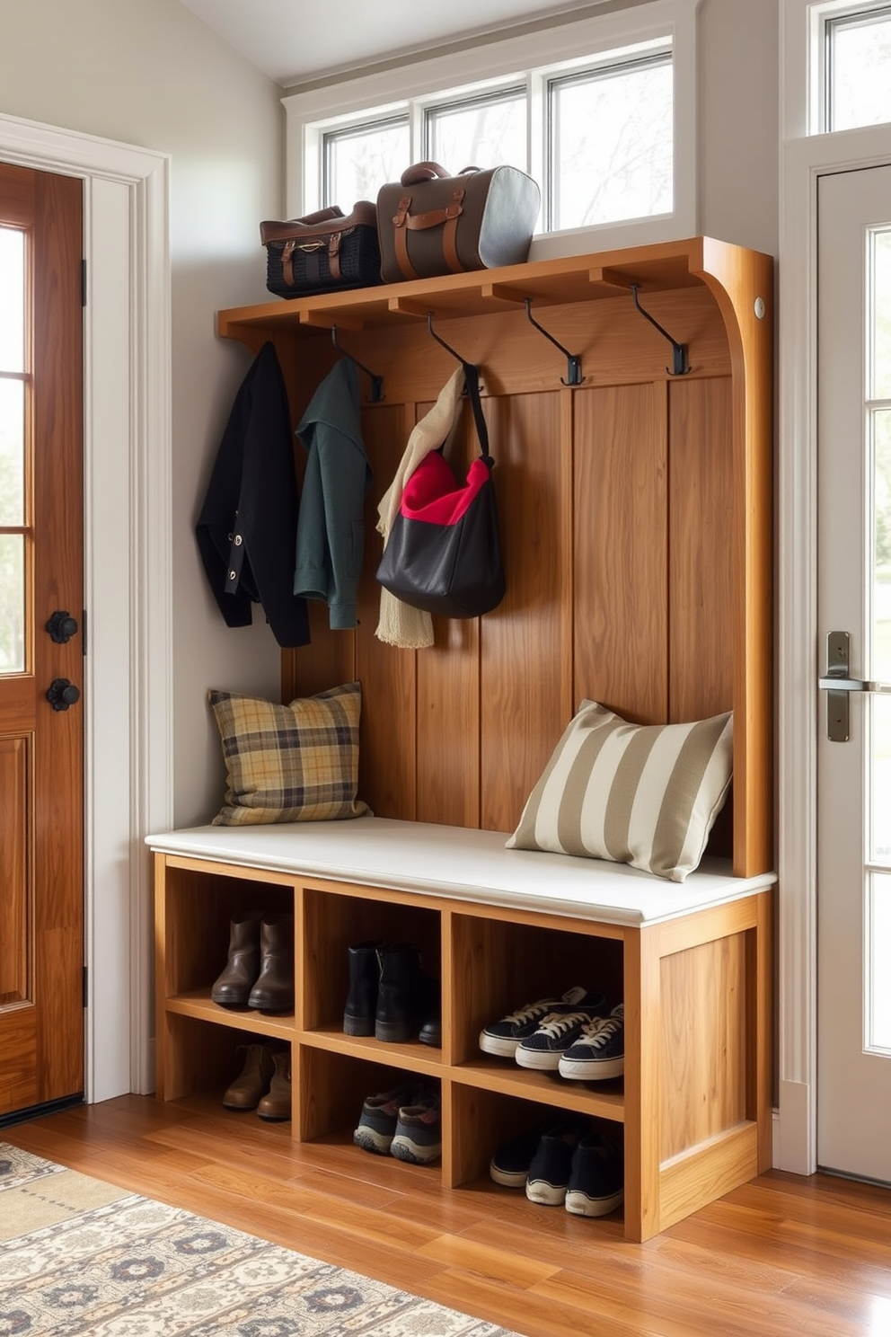 A stylish mudroom featuring a multi-functional bench that combines seating and storage. The bench is designed with a sleek wooden frame and cushioned seating, providing comfort and practicality. Underneath the bench, there are spacious compartments for shoes and outdoor gear. The walls are adorned with hooks for hanging coats and bags, while large windows allow natural light to brighten the space.