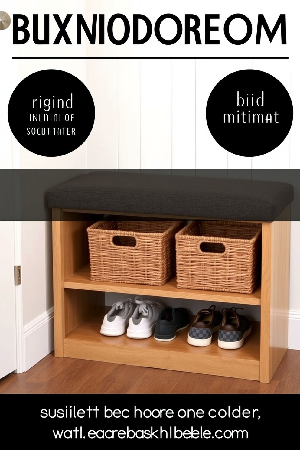 A stylish mudroom bench features a sleek design with a built-in shelf underneath for convenient storage. The bench is upholstered in a durable fabric, and the shelf showcases neatly arranged baskets for shoes and outdoor gear.