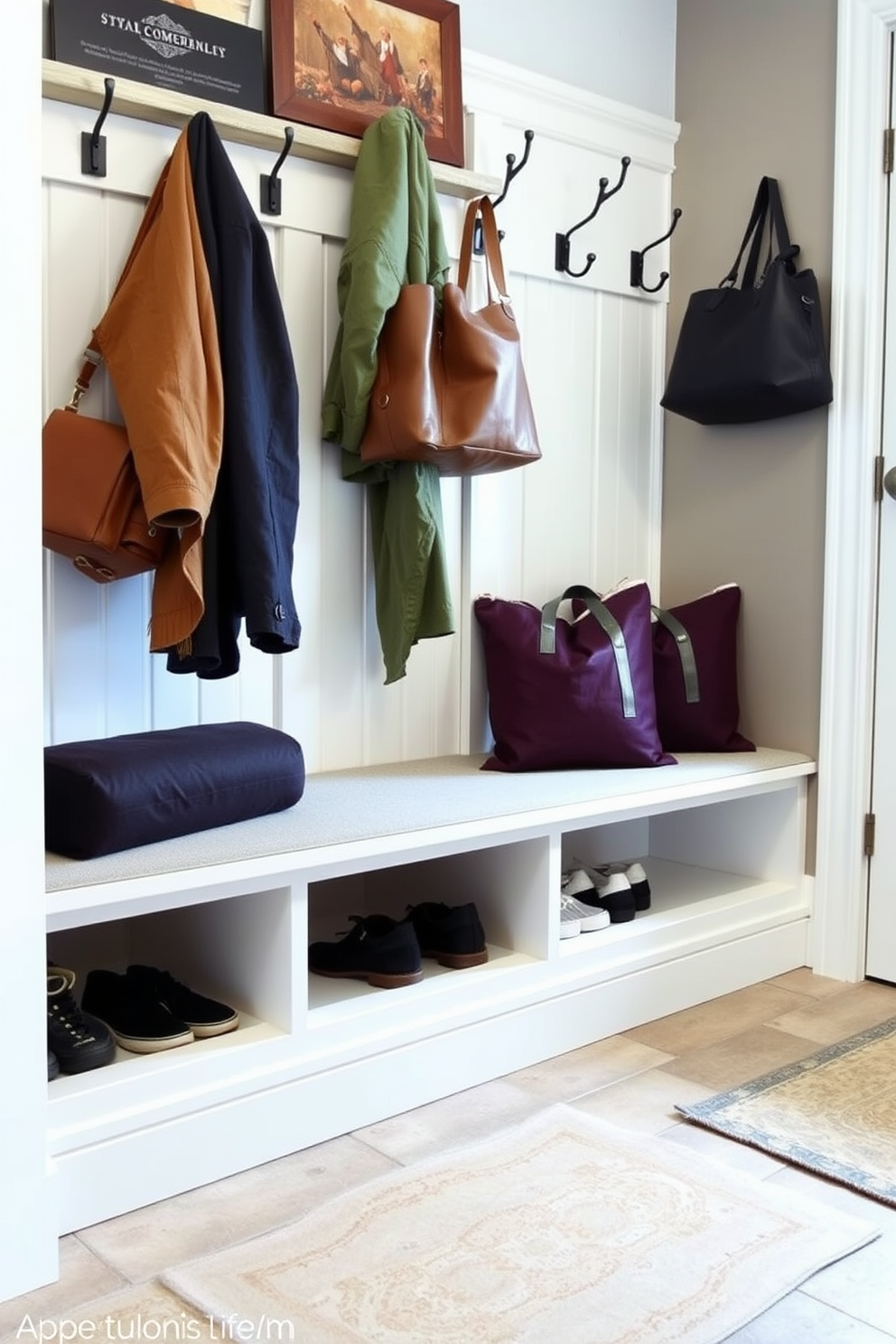 A stylish mudroom featuring a bench with a hidden compartment for shoes. The bench is upholstered in a durable fabric and is flanked by hooks for coats and bags on the wall.