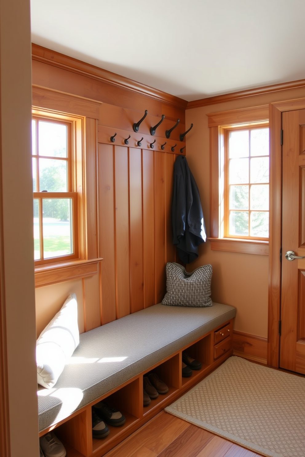 A cozy mudroom features a corner bench designed to maximize space and provide ample storage. The bench is upholstered in a durable fabric and includes built-in cubbies for shoes and outdoor gear. Natural light streams in from a nearby window, illuminating the space and highlighting the warm wood tones of the bench. A collection of hooks above the bench offers a practical solution for hanging jackets and bags.