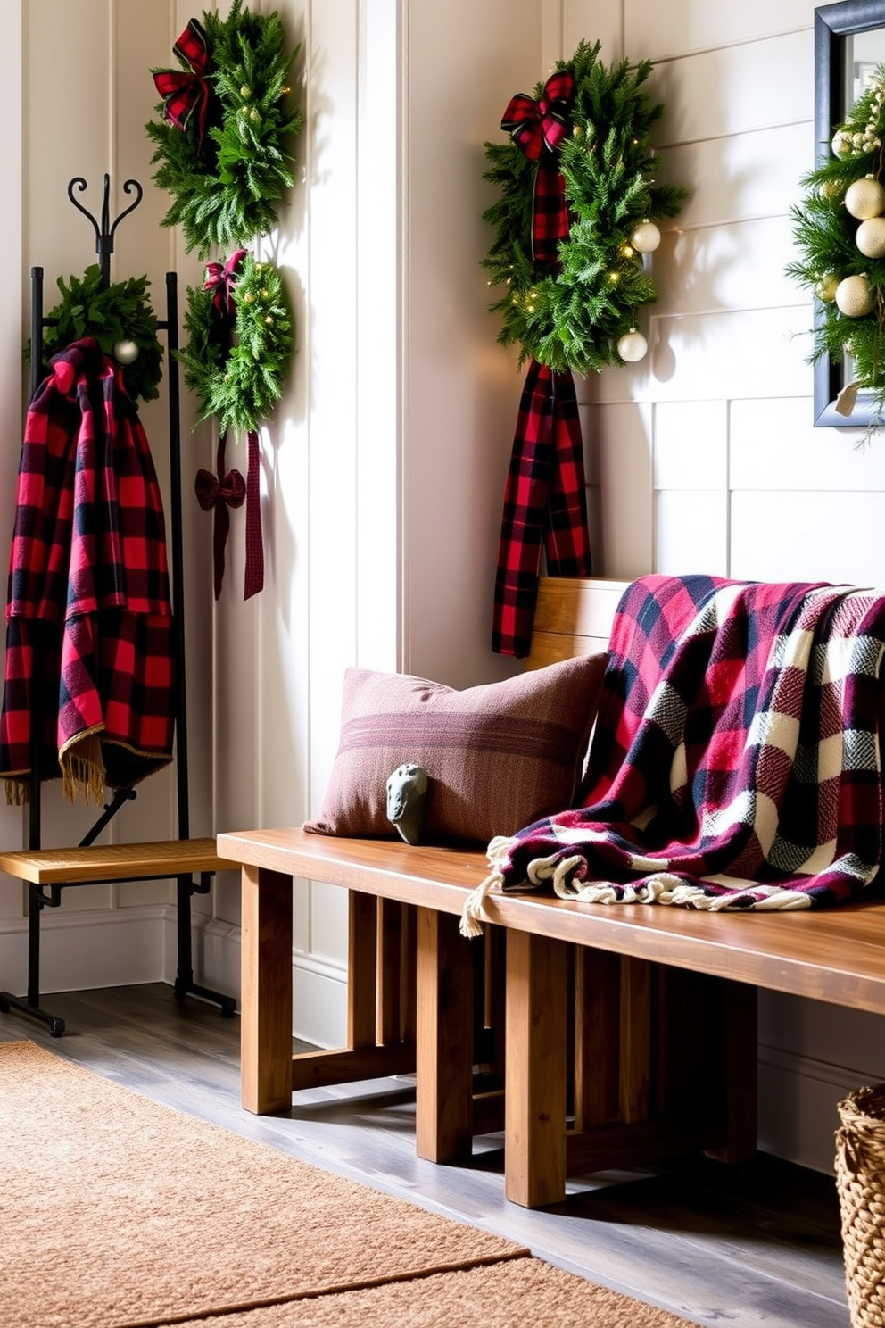 Cozy plaid throw blankets are draped over rustic wooden benches, adding warmth and texture to the space. The mudroom is adorned with festive Christmas decorations, including wreaths and twinkling lights, creating a cheerful atmosphere. The walls are painted in a soft neutral tone, complementing the rich colors of the plaid. A vintage-style coat rack stands in the corner, decorated with holiday ornaments and seasonal garlands.