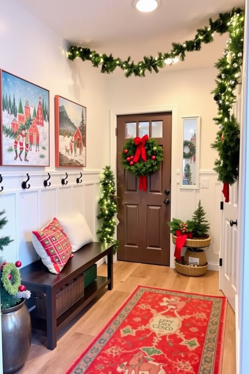 Holiday themed artwork adorns the walls featuring festive scenes and vibrant colors. The space is enhanced with a cozy bench and hooks for coats, creating an inviting atmosphere. The mudroom is adorned with Christmas decorations including garlands and twinkling lights. A cheerful wreath hangs on the door, and a festive rug adds warmth underfoot.