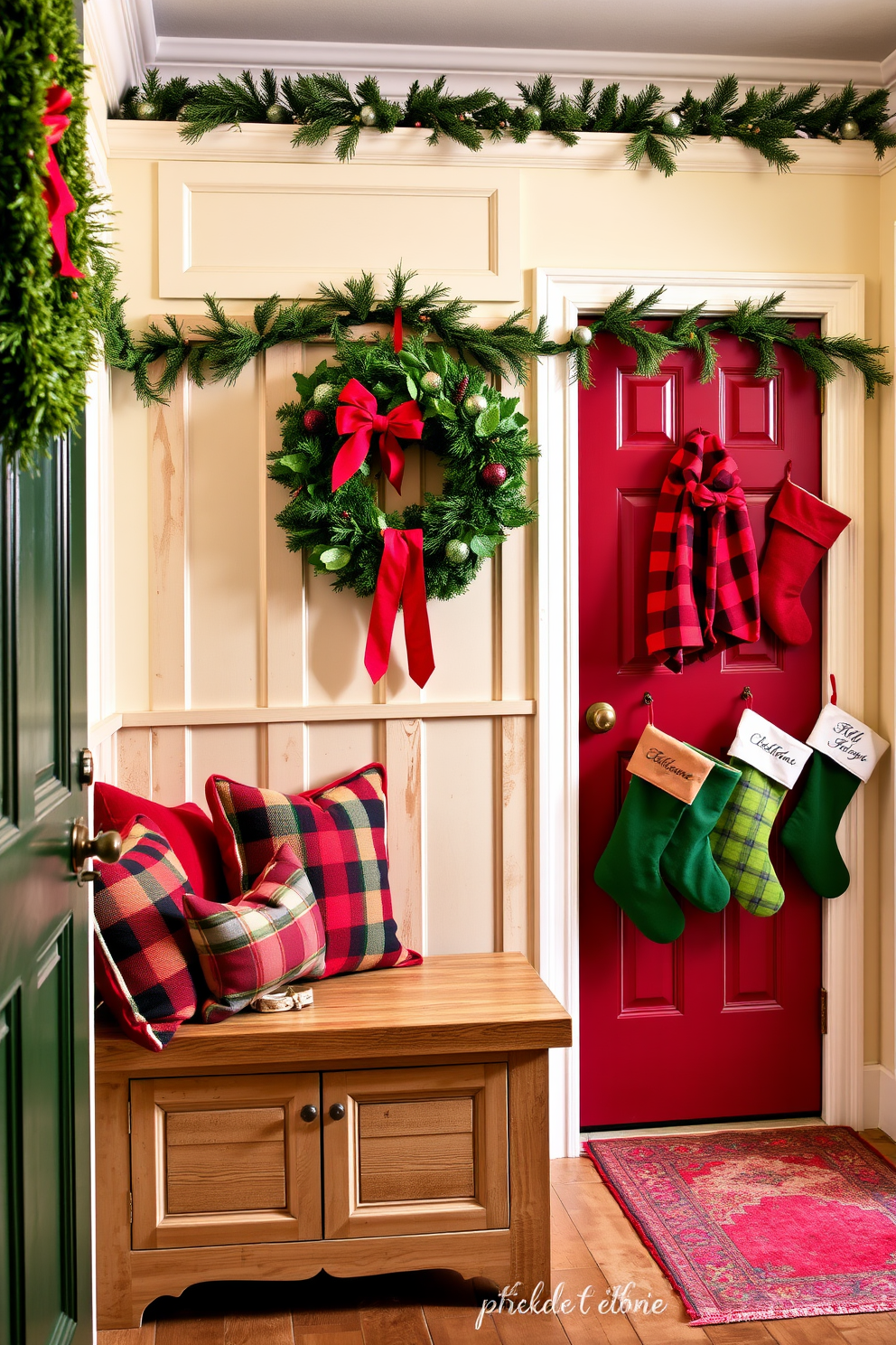 A cozy mudroom decorated for Christmas features a red and green color scheme that brings warmth and festivity to the space. A rustic wooden bench is adorned with plaid throw pillows in red and green, while a vibrant wreath hangs on the door, welcoming guests. The walls are painted a soft cream to enhance the holiday colors, and garlands of evergreen are draped along the top of the cabinets. Stockings in various shades of red and green are hung by the entrance, adding a personal touch to the seasonal decor.