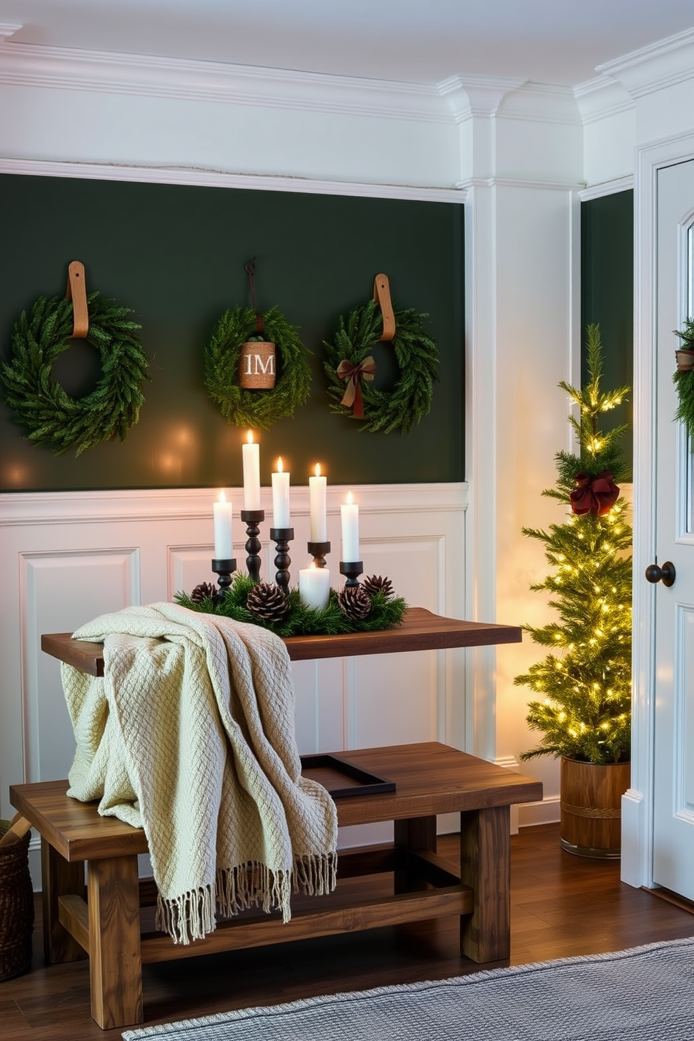 A cozy mudroom adorned for Christmas features a rustic wooden bench with a thick, warm throw draped over it. On the table, pinecones and candles are artfully arranged, creating a festive atmosphere with soft, flickering light. The walls are painted in a deep forest green, complemented by white wainscoting that adds a touch of elegance. Decorative wreaths hang on the doors, and a small tree with twinkling lights stands in the corner, enhancing the holiday spirit.