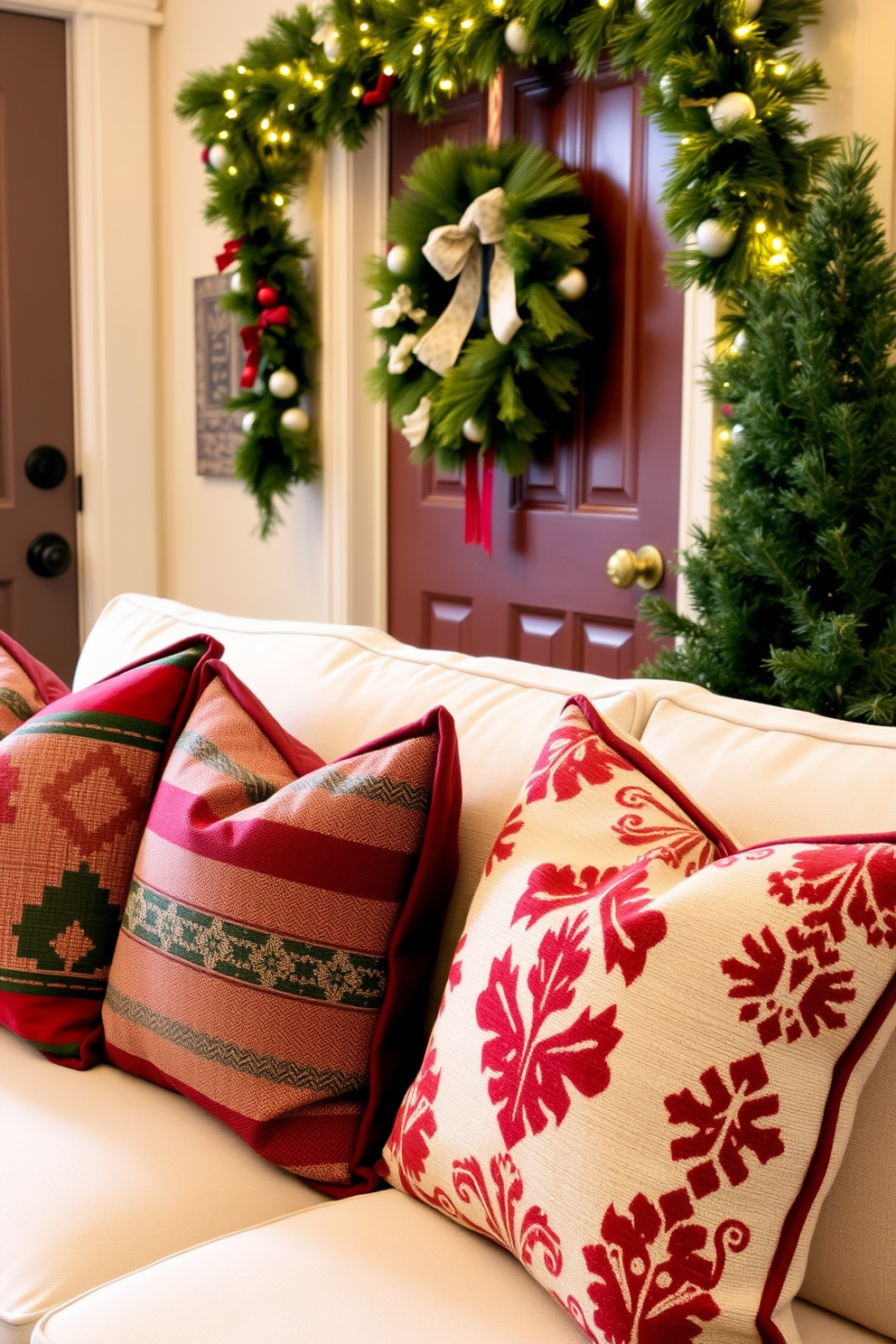 Seasonal throw pillows on seating create a warm and inviting atmosphere. The pillows feature a mix of festive patterns and colors, enhancing the overall decor of the room. Mudroom Christmas decorating ideas transform the space into a cozy holiday entryway. Incorporate garlands, twinkling lights, and a decorative wreath on the door for a festive touch.