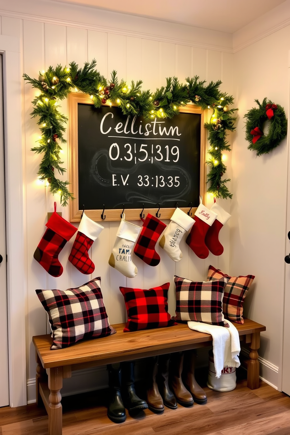 A cozy mudroom adorned with festive Christmas decorations. The chalkboard prominently displays a holiday countdown, surrounded by garlands of pine and twinkling fairy lights. Colorful stockings hang from hooks on the wall, each personalized for family members. A rustic bench with plaid cushions invites guests to sit and remove their boots, adding warmth to the space.