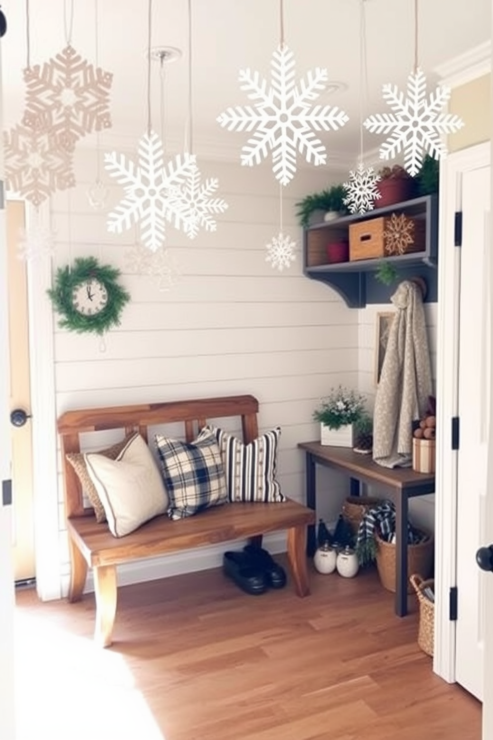 A cozy mudroom adorned with snowflake cutouts gracefully hanging from the ceiling. The space features a rustic wooden bench with plush cushions and a collection of festive decorations, creating a warm holiday atmosphere.