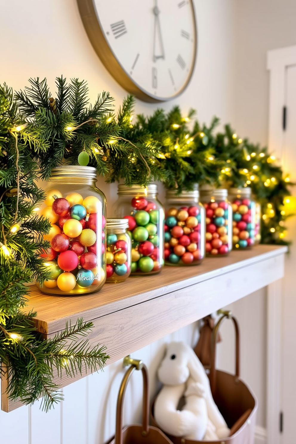 A cozy mudroom decorated for Christmas features decorative jars filled with colorful ornaments. The jars are arranged on a rustic wooden shelf, surrounded by evergreen garlands and twinkling fairy lights.