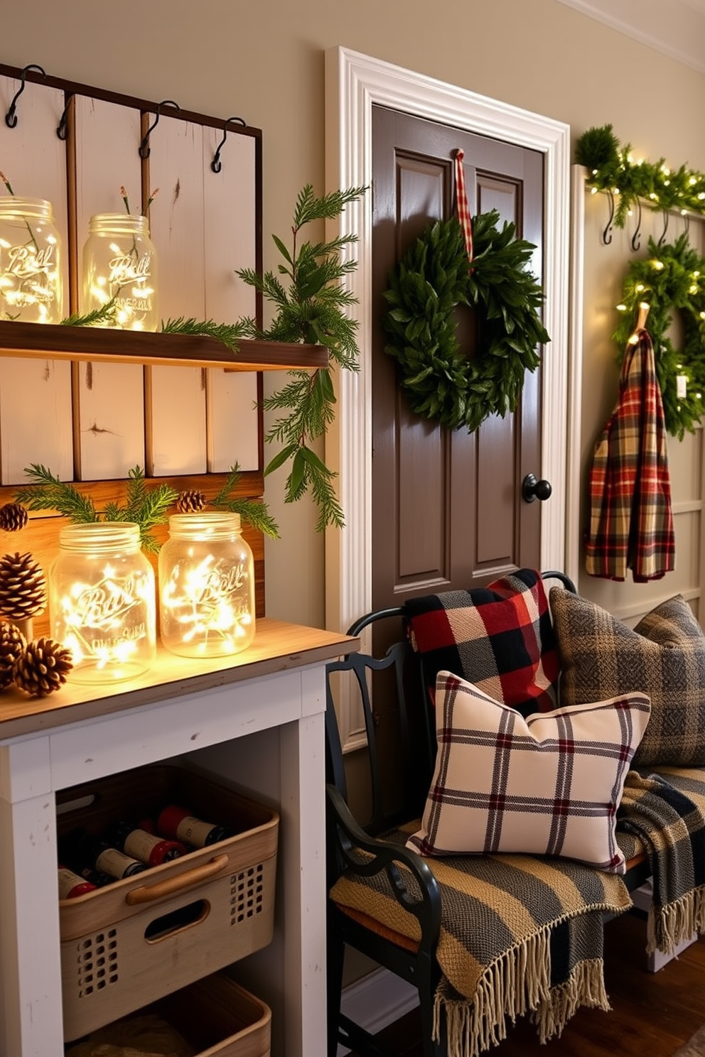 Mason jars filled with warm white fairy lights create a cozy and inviting atmosphere. They are placed on a rustic wooden shelf alongside seasonal greenery and pinecones. The mudroom is decorated with festive touches, featuring a cheerful wreath on the door and a garland draped over the coat hooks. A vintage bench is adorned with plaid blankets and cozy pillows, enhancing the holiday spirit.