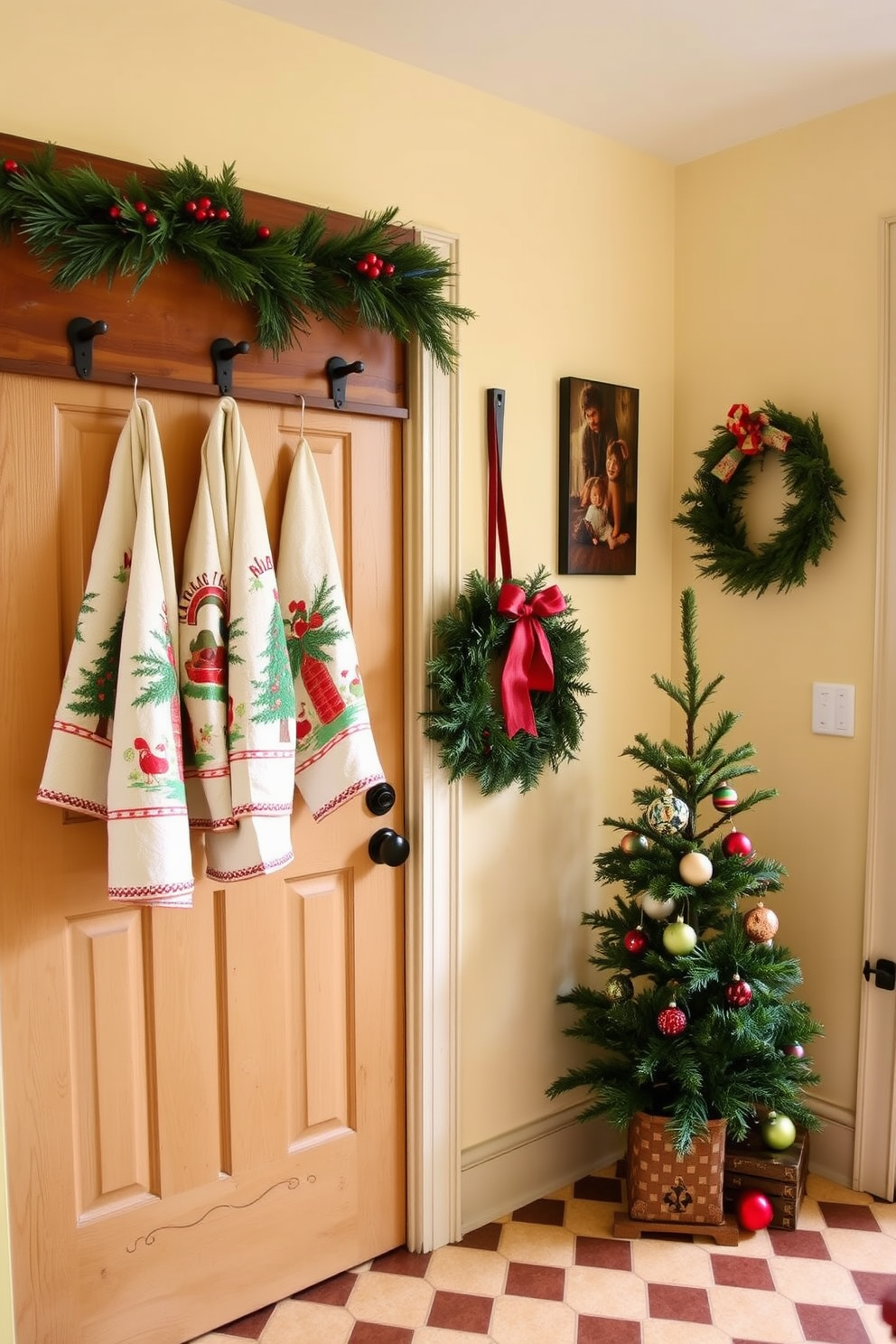 A cozy mudroom adorned with holiday-themed dish towels hanging from a rustic wooden rack. The walls are painted in a warm cream color, and the floor features a classic checkerboard tile pattern, creating a welcoming atmosphere. A festive wreath made of pine branches and red berries is placed on the door. Nearby, a collection of colorful ornaments and a small potted Christmas tree add to the cheerful decor.