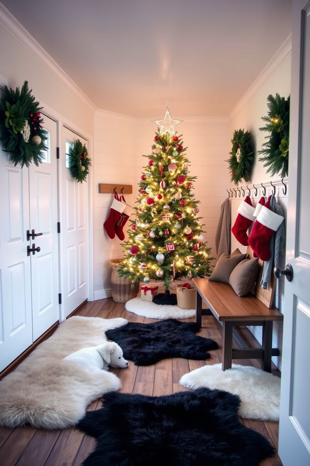 A cozy mudroom adorned with faux fur rugs that add warmth and texture to the space. The walls are painted a soft white, and the floor is covered with rustic wooden planks, creating a welcoming atmosphere. For Christmas decorating, a beautifully decorated tree stands in one corner, surrounded by twinkling lights and festive ornaments. Stockings hang from a wooden bench, and wreaths made of evergreen are placed on the walls, enhancing the holiday spirit.