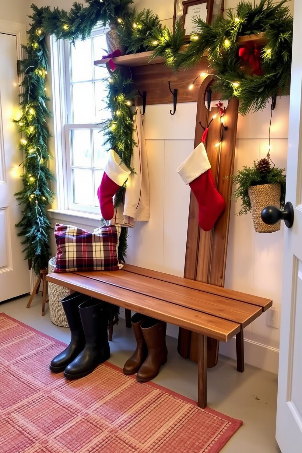 A cozy mudroom decorated for Christmas features vintage sleds as charming decorative accents. The sleds are propped against the wall, adorned with evergreen garlands and twinkling fairy lights, creating a festive and inviting atmosphere. The floor is covered with a warm, textured rug, and a wooden bench provides a perfect spot for putting on boots. Stockings hang from hooks above the bench, adding a touch of holiday cheer to the space.