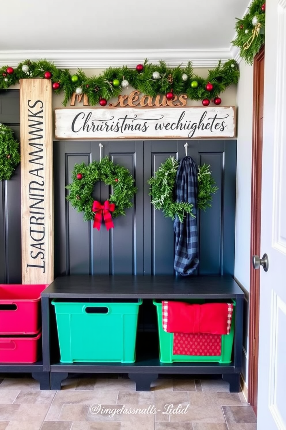 Wooden signs with festive quotes create a warm and inviting atmosphere in your home. These signs can be adorned with hand-painted lettering and rustic finishes to enhance their charm. Incorporate Christmas decorations into your mudroom with cozy elements like wreaths and garlands. Use colorful storage bins and festive throw pillows to add a cheerful touch while keeping the space organized.