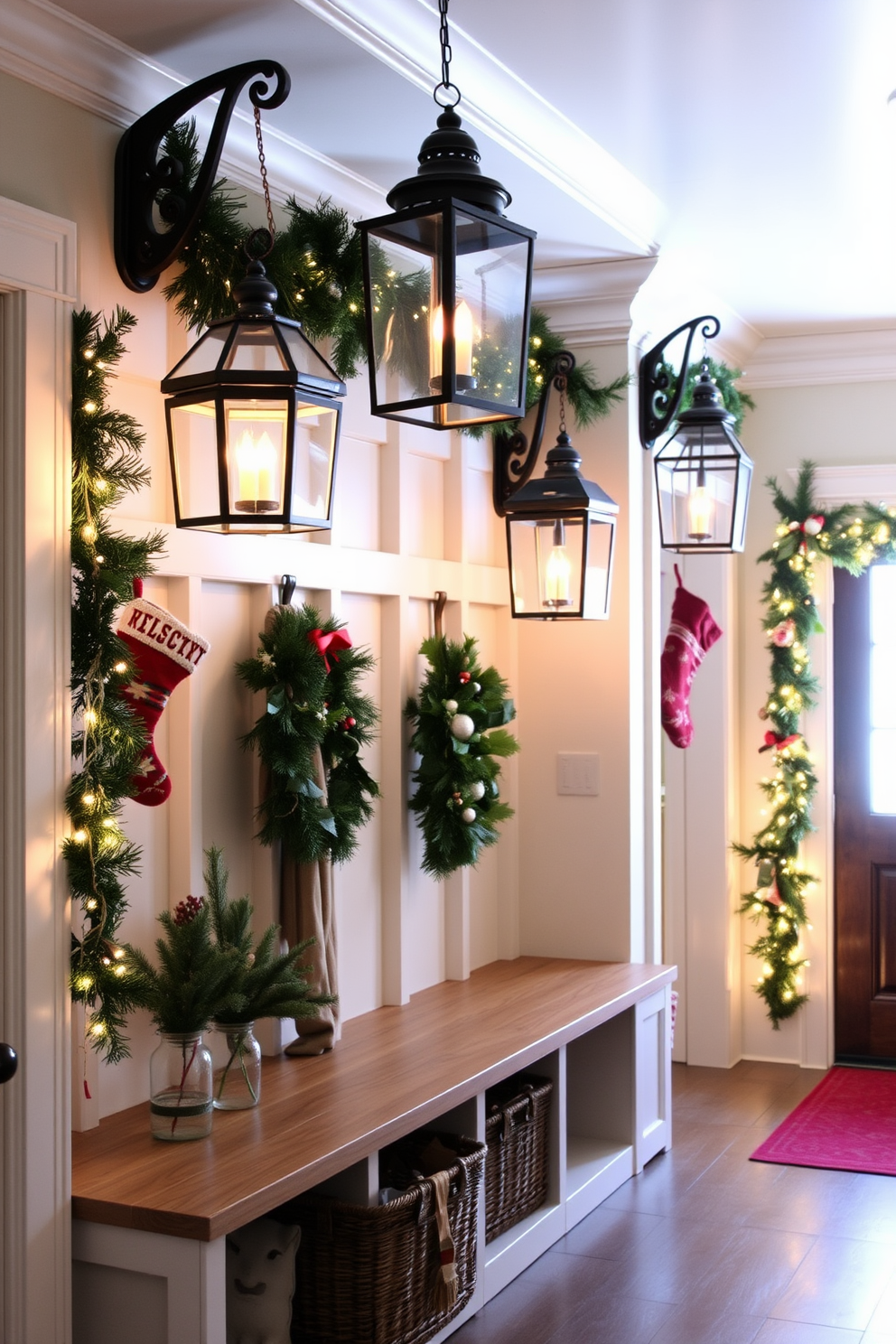 A cozy mudroom adorned for Christmas features hanging lanterns that cast a warm glow throughout the space. The walls are decorated with festive garlands and stockings, creating a welcoming atmosphere for guests.