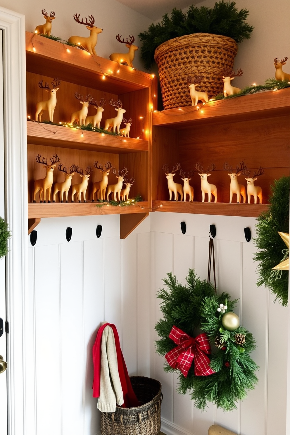 A cozy mudroom adorned for Christmas features wooden shelves filled with charming reindeer figurines of various sizes. The shelves are decorated with twinkling fairy lights, and a festive wreath hangs on the door, welcoming guests with holiday cheer.