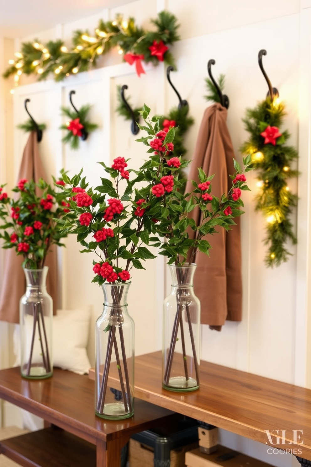 A cozy mudroom decorated for Christmas features glass vases filled with vibrant holly branches. The space has a rustic charm with wooden benches and hooks for coats, adorned with festive garlands and twinkling lights.