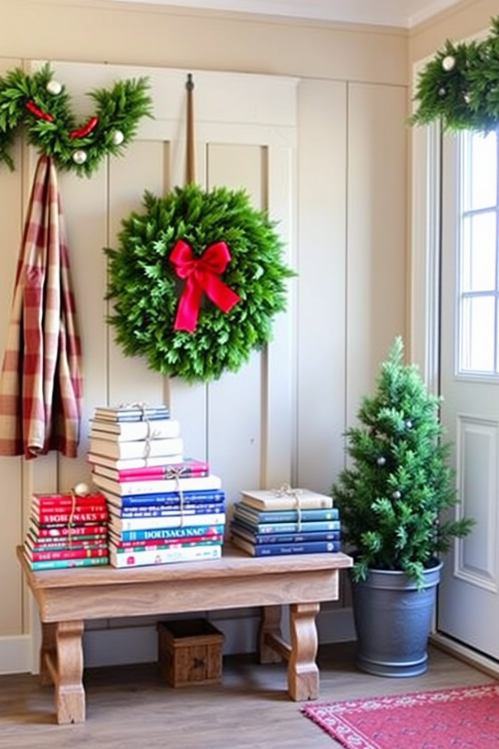 A cozy mudroom adorned for Christmas. There are stacks of festive books wrapped in twine, placed on a rustic wooden bench beside a vibrant green wreath hanging on the door.