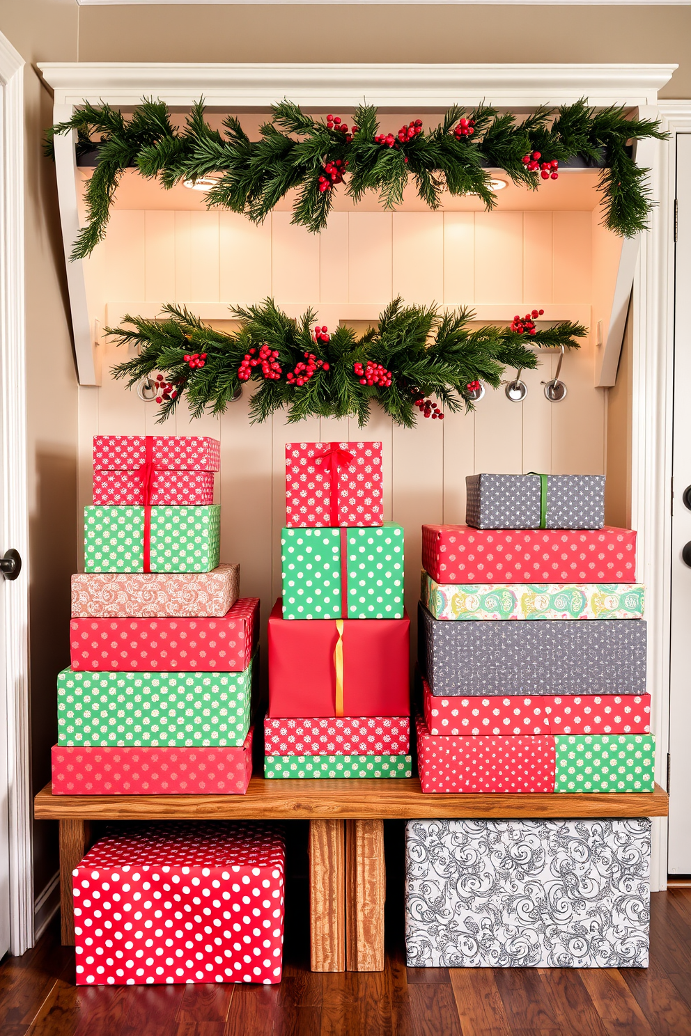 Colorful gift boxes arranged artistically in a cozy mudroom create a festive atmosphere. The boxes vary in size and are wrapped in vibrant wrapping paper, stacked neatly beside a rustic wooden bench. A cheerful garland made of pine branches and red berries hangs above the bench. Soft, warm lighting illuminates the space, enhancing the holiday spirit with a touch of elegance.